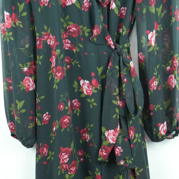 Nine West 8 Wrap Dress Dark Floral Rose Ruffle Sheer Whimsigoth Boho Feminine - Picture 3 of 7